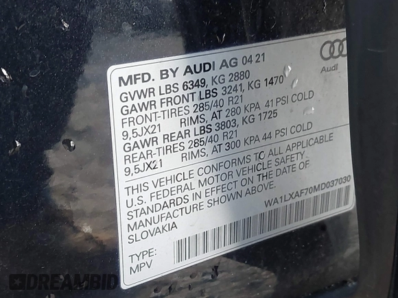 2021 Audi Q7 Premium Plus with VIN WA1LXAF70MD037030, listed as a IAAI auction lot 41776143 with 52,787 mi miles and . Bid and sale history available at DreamBid. Image 9.