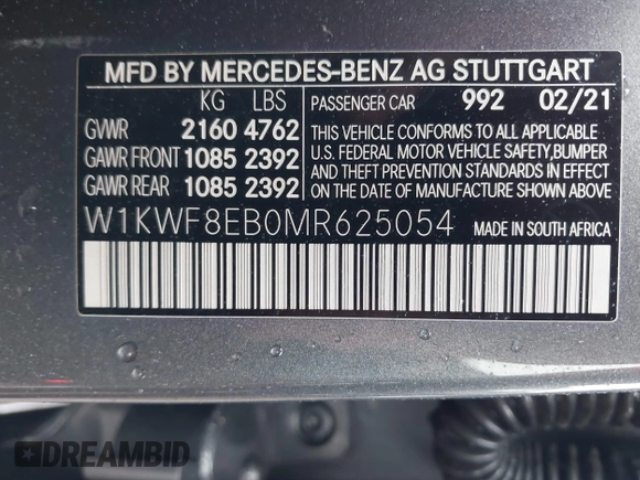 2021 Mercedes-Benz C 300 with VIN W1KWF8EB0MR625054, listed as a IAAI auction lot 41418183 with 58,630 mi miles and . Bid and sale history available at DreamBid. Image 9.