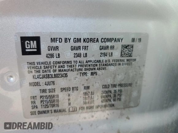 2020 Buick Encore Preferred with VIN KL4CJASB3LB023435, listed as a Copart auction lot 48689655 with 71,283 mi miles and Salvage Title. Bid and sale history available at DreamBid. Image 14.