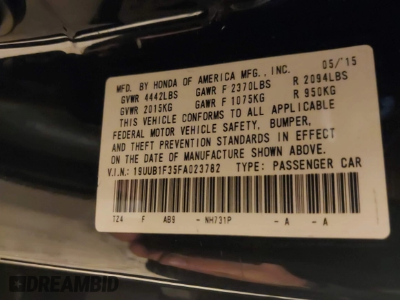 2015 Acura TLX with VIN 19UUB1F35FA023782, listed as a IAAI auction lot 41963193 with 152,651 mi miles. Bid and sale history available at carsss.com. Image 9.
