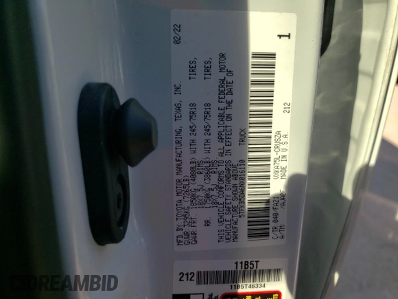 2022 Toyota Tundra SR z VIN 5TFKB5DA6NX016110, wystawiony jako Copart lot #41285993 z przebiegiem 68 mil mil oraz . Historia ofert i sprzedaży dostępna na DreamBid. Obrazek 12.