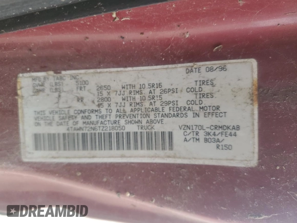 1996 Toyota Tacoma with VIN 4TAWN72N6TZ218050, listed as a Copart auction lot 41650295 with 248,490 mi miles and Clean title. Bid and sale history available at DreamBid. Image 12.