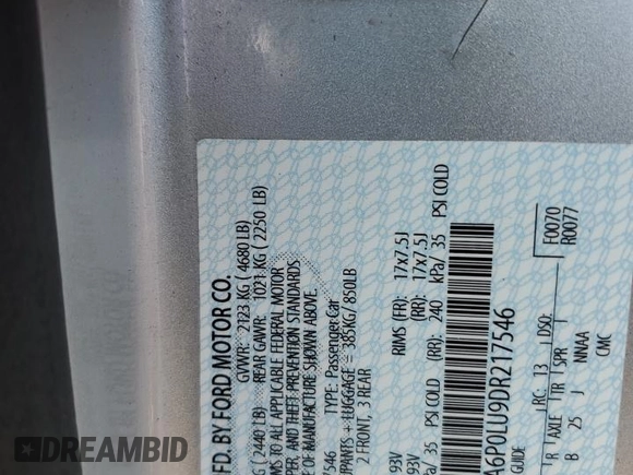 2013 Ford Fusion SE Hybrid with VIN 3FA6P0LU9DR217546, listed as a Copart auction lot 66597775 with Not provided miles and Clean title. Bid and sale history available at DreamBid. Image 13.