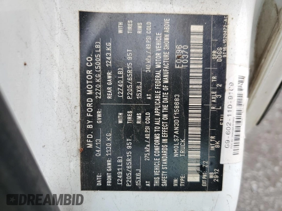 2013 Ford Transit Connect XL with VIN NM0LS7AN3DT158683, listed as a Copart auction lot 60033215 with 264,522 mi miles and Salvage title. Bid and sale history available at DreamBid. Image 13.
