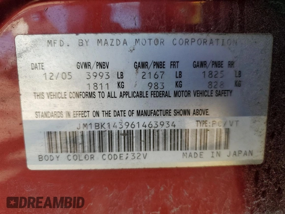 2006 Mazda 3 s with VIN JM1BK143961463934, listed as a Copart auction lot 70430124 with 238,221 mi miles and Salvage Title. Bid and sale history available at carsss.com. Image 12.