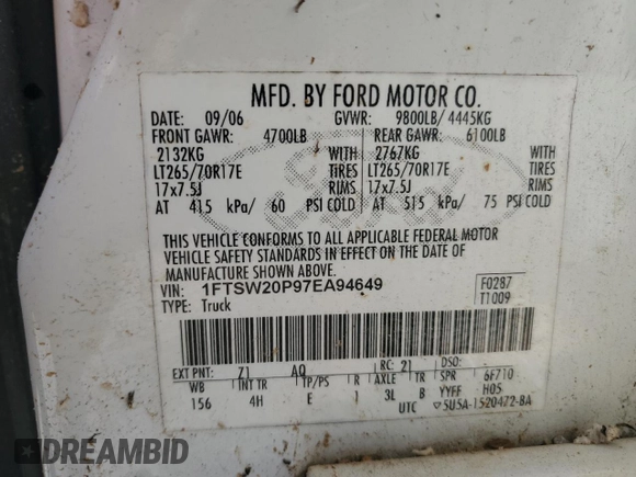 2007 Ford F-250 XL with VIN 1FTSW20P97EA94649, listed as a Copart auction lot 49602445 with 189,502 mi miles and Salvage Title. Bid and sale history available at DreamBid. Image 12.