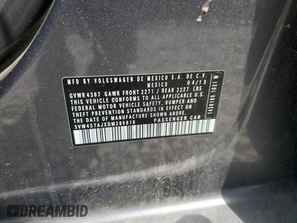2013 Volkswagen Jetta Autobahn with VIN 3VW4S7AJXDM285818, listed as a Copart auction lot 64452795 with 81,608 mi miles and Clean title. Bid and sale history available at DreamBid. Image 13.