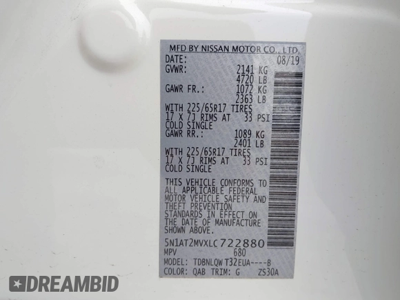2020 Nissan Rogue SL with VIN 5N1AT2MVXLC722880, listed as a IAAI auction lot 41019989 with 19,487 mi miles and . Bid and sale history available at DreamBid. Image 9.