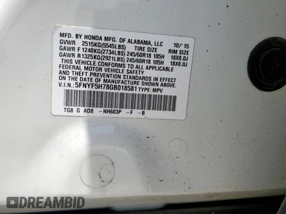 2016 Honda Pilot EX-L with VIN 5FNYF5H78GB018581, listed as a Copart auction lot 58250715 with 95,833 mi miles and Salvage title. Bid and sale history available at DreamBid. Image 14.