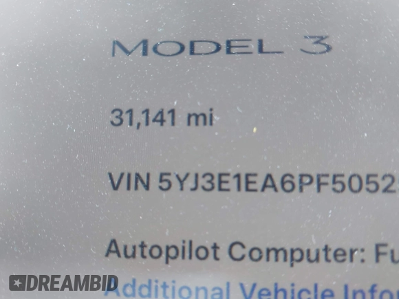 2023 Tesla Model 3 with VIN 5YJ3E1EA6PF505252, listed as a IAAI auction lot 41380172 with 31,141 mi miles and . Bid and sale history available at DreamBid. Image 14.