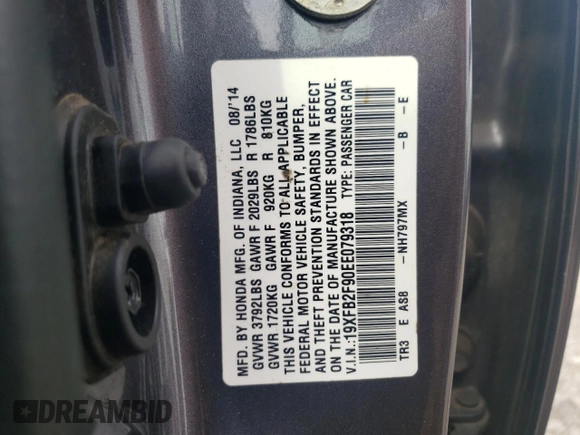 2014 Honda Civic EX-L with VIN 19XFB2F90EE079318, listed as a Copart auction lot 53682475 with 104,476 mi miles and Salvage Title. Bid and sale history available at DreamBid. Image 12.