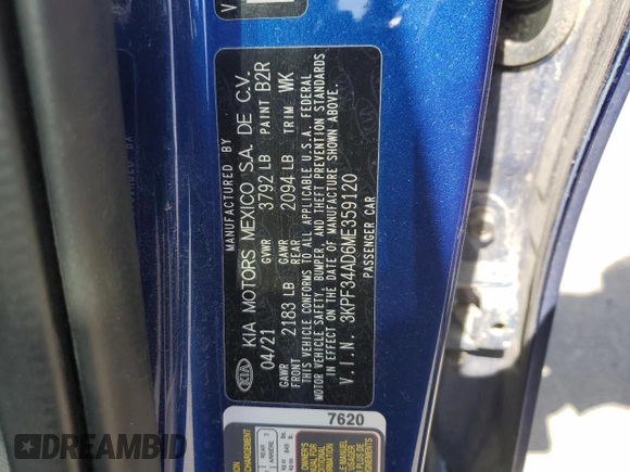 2021 Kia Forte GT-Line z VIN 3KPF34AD6ME359120, wystawiony jako Copart lot #51684705 z przebiegiem 47 489 mil mil oraz Szkoda całkowita • Salvage title. Historia ofert i sprzedaży dostępna na DreamBid. Obrazek 14.