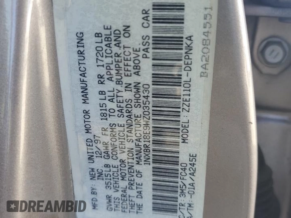1998 Toyota Corolla VE with VIN 1NXBR18E9WZ035430, listed as a Copart auction lot 59362195 with Not provided miles and Salvage title. Bid and sale history available at DreamBid. Image 12.