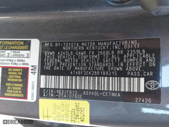 2011 Toyota Camry LE with VIN 4T4BF3EK2BR189315, listed as a IAAI auction lot 41847915 with 242,974 mi miles. Bid and sale history available at carsss.com. Image 9.