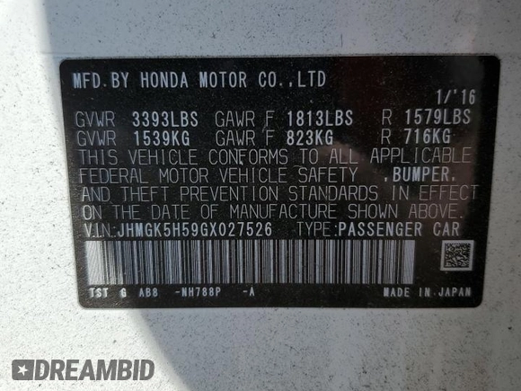 2016 Honda Fit LX z VIN JHMGK5H59GX027526, wystawiony jako Copart lot #57831785 z przebiegiem Nie podano mil oraz Szkoda całkowita • Salvage title. Historia ofert i sprzedaży dostępna na DreamBid. Obrazek 12.