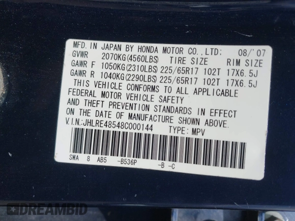 2008 Honda CR-V EX with VIN JHLRE48548C000144, listed as a IAAI auction lot 41845121 with 208,320 mi miles. Bid and sale history available at carsss.com. Image 9.