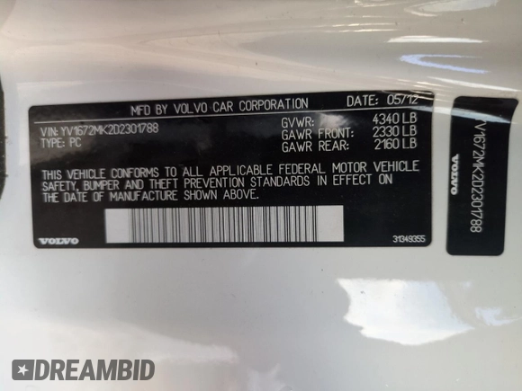 2013 Volvo C30 T5 with VIN YV1672MK2D2301788, listed as a Copart auction lot 49903675 with 74,268 mi miles and Salvage Title. Bid and sale history available at DreamBid. Image 13.