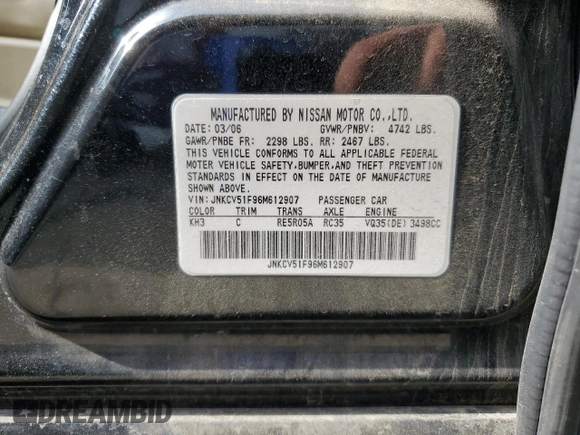 2006 Infiniti G35 z VIN JNKCV51F96M612907, wystawiony jako Copart lot #60003065 z przebiegiem 163 920 mil mil oraz Czysty tytuł • Clean title. Historia ofert i sprzedaży dostępna na DreamBid. Obrazek 12.