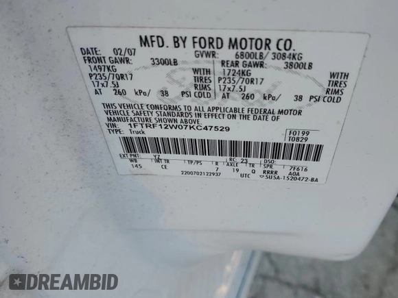 2007 Ford F-150 XL с VIN 1FTRF12W07KC47529, выставлен на аукционе Copart как лот 88709745 с пробегом 248 129 миль миль и Списание • Salvage title. История ставок и продаж доступна на DreamBid. Изображение 12.