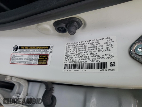 2019 Honda CR-V EX with VIN 2HKRW2H56KH674094, listed as a Copart auction lot 54145205 with Not Provided miles and Salvage Title. Bid and sale history available at DreamBid. Image 13.