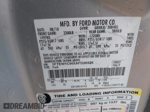 2010 Ford F-150 XL with VIN 1FTEW1CWXAFD26526, listed as a IAAI auction lot 41141650 with 200,042 mi miles. Bid and sale history available at carsss.com. Image 9.