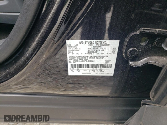 2023 Ford Explorer с VIN 1FM5K8ACXPGC19925, выставлен на аукционе Copart как лот 59283585 с пробегом 16 240 миль миль и Списание • Salvage title. История ставок и продаж доступна на DreamBid. Изображение 14.