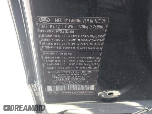 2012 Land Rover Range Rover Sport HSE Lux with VIN SALSK2D4XCA741484, listed as a IAAI auction lot 42538911 with 64,561 mi miles and . Bid and sale history available at DreamBid. Image 9.