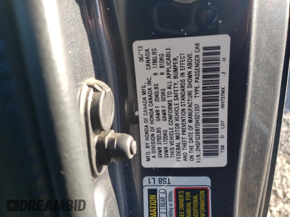 2013 Honda Civic Cpe EX with VIN 2HGFG3B87DH521357, listed as a Copart auction lot 45629485 with 73,981 mi miles and Salvage Title. Bid and sale history available at carsss.com. Image 12.