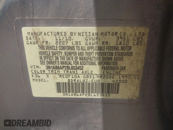 2011 Nissan Sentra SR with VIN 3N1AB6AP2BL653452, listed as a IAAI auction lot 42053518 with 148,615 mi miles and . Bid and sale history available at DreamBid. Image 9.