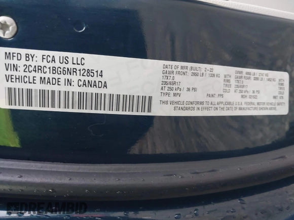 2022 Chrysler Pacifica Touring L with VIN 2C4RC1BG6NR128514, listed as a IAAI auction lot 41994944 with 67,555 mi miles and . Bid and sale history available at DreamBid. Image 9.