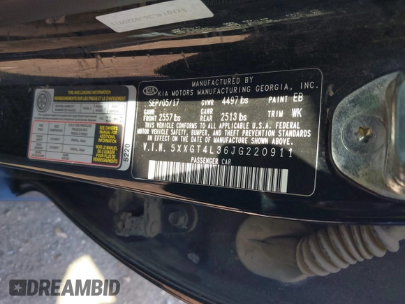 2018 Kia Optima LX with VIN 5XXGT4L36JG220911, listed as a IAAI auction lot 41903062 with 108,080 mi miles. Bid and sale history available at carsss.com. Image 9.