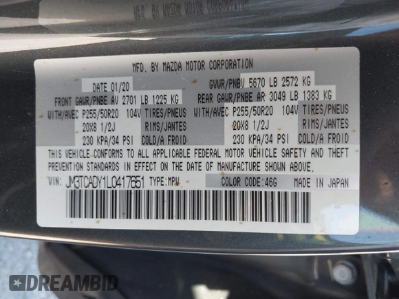 2020 Mazda CX-9 Grand Touring with VIN JM3TCADY1L0417651, listed as a IAAI auction lot 42334867 with 105,236 mi miles and . Bid and sale history available at DreamBid. Image 9.