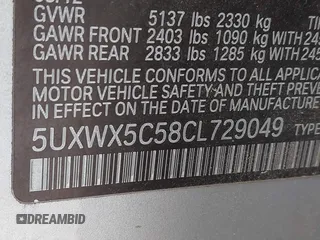 2012 BMW X3 28i with VIN 5UXWX5C58CL729049, listed as a IAAI auction lot 41611212 with 191,583 mi miles and . Bid and sale history available at DreamBid. Image 9.