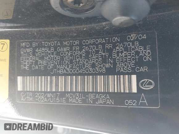 2004 Lexus ES 350 with VIN JTHBA30G045030398, listed as a IAAI auction lot 41683004 with 219,040 mi miles and . Bid and sale history available at DreamBid. Image 9.