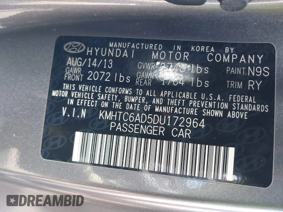 2013 Hyundai Veloster w/Black Int with VIN KMHTC6AD5DU172964, listed as a IAAI auction lot 41768827 with 102,782 mi miles and . Bid and sale history available at DreamBid. Image 9.