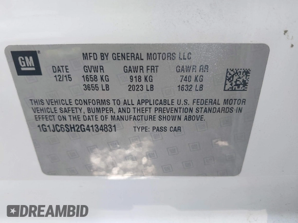 2016 Chevrolet Sonic LT with VIN 1G1JC6SH2G4134831, listed as a IAAI auction lot 41983302 with 85,828 mi miles. Bid and sale history available at carsss.com. Image 9.