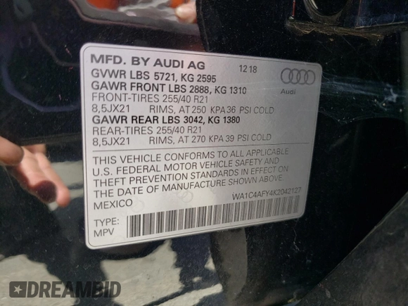 2019 Audi SQ5 Prestige with VIN WA1C4AFY4K2042127, listed as a Copart auction lot 56444994 with 30,785 mi miles and . Bid and sale history available at DreamBid. Image 13.