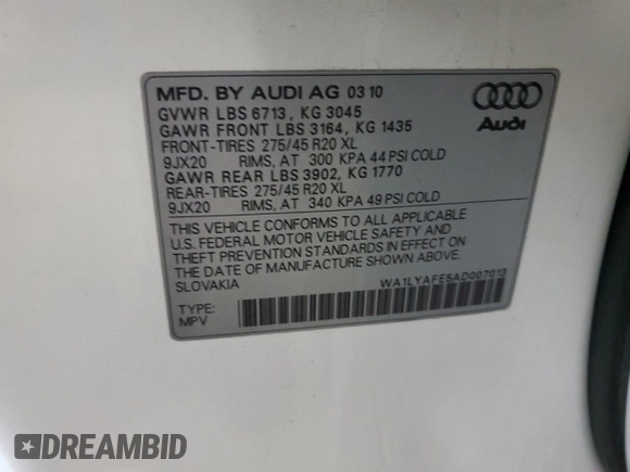 2010 Audi Q7 Premium Plus с VIN WA1LYAFE5AD007013, выставлен на аукционе Copart как лот 82365914 с пробегом 218 321 миль миль и Чистый • Clean title. История ставок и продаж доступна на DreamBid. Изображение 13.