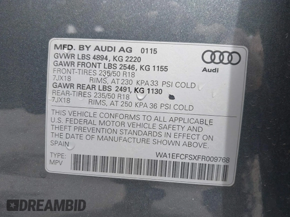 2015 Audi Q3 Premium Plus with VIN WA1EFCFSXFR009768, listed as a IAAI auction lot 41974476 with 53,013 mi miles and . Bid and sale history available at DreamBid. Image 9.