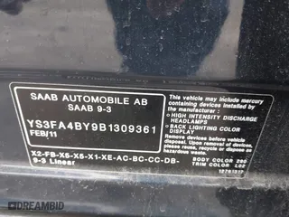 2011 Saab 9-3 with VIN YS3FA4BY9B1309361, listed as a IAAI auction lot 42035377 with 131,720 mi miles. Bid and sale history available at carsss.com. Image 9.