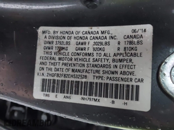 2014 Honda Civic Sedan EX with VIN 2HGFB2F82EH532528, listed as a IAAI auction lot 41129996 with 80,840 mi miles. Bid and sale history available at carsss.com. Image 9.