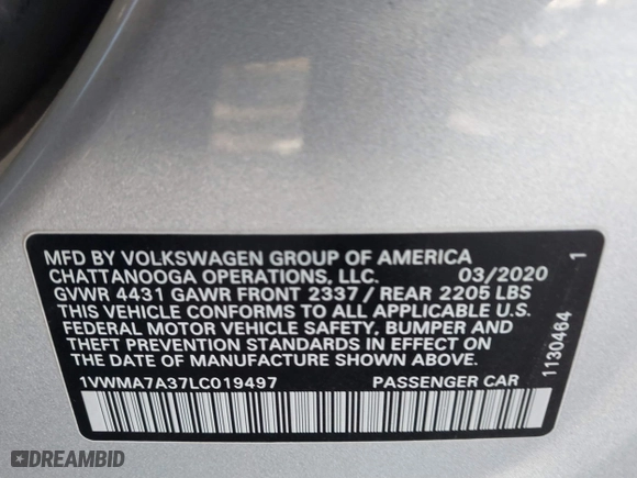 2020 Volkswagen Passat 2.0T R-Line with VIN 1VWMA7A37LC019497, listed as a IAAI auction lot 41336950 with 89,314 mi miles. Bid and sale history available at carsss.com. Image 9.