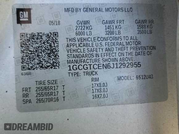 2018 Chevrolet Colorado 4WD LT with VIN 1GCGTCEN6J1292955, listed as a Copart auction lot 53389315 with 55,710 mi miles and Salvage title. Bid and sale history available at DreamBid. Image 14.