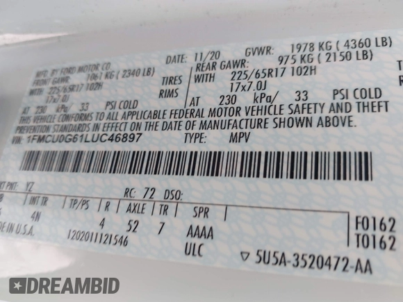2020 Ford Escape SE with VIN 1FMCU0G61LUC46897, listed as a IAAI auction lot 42090743 with Not Provided miles and . Bid and sale history available at carsss.com. Image 9.
