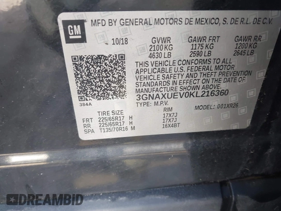 2019 Chevrolet Equinox LT z VIN 3GNAXUEV0KL216360, wystawiony jako IAAI lot #41664268 z przebiegiem 69 411 mil mil oraz . Historia ofert i sprzedaży dostępna na DreamBid. Obrazek 9.