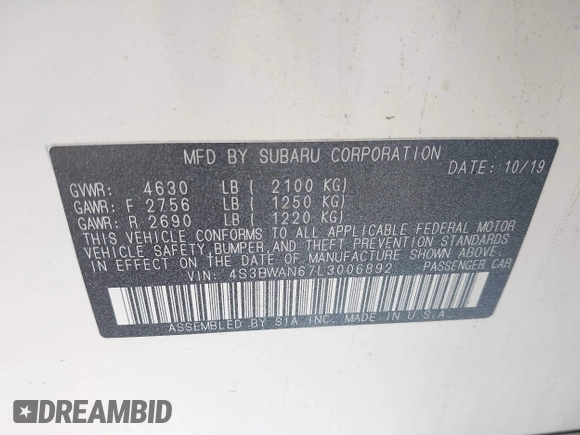 2020 Subaru Legacy Limited with VIN 4S3BWAN67L3006892, listed as a IAAI auction lot 42642567 with 38,785 mi miles and . Bid and sale history available at DreamBid. Image 9.