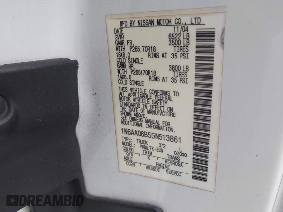 2005 Nissan Titan SE с VIN 1N6AA06B55N513861, выставлен на аукционе IAAI как лот 41453425 с пробегом 288 526 миль миль и . История ставок и продаж доступна на DreamBid. Изображение 9.