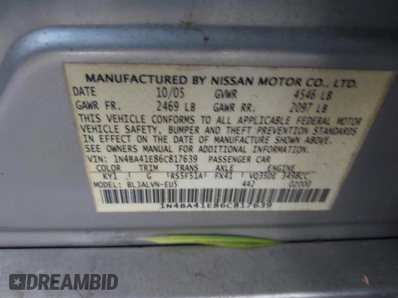 2006 Nissan Maxima SE with VIN 1N4BA41E86C817639, listed as a IAAI auction lot 42502694 with 235,730 mi miles and . Bid and sale history available at DreamBid. Image 9.