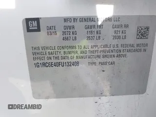 2015 Chevrolet Volt with VIN 1G1RC6E40FU132408, listed as a IAAI auction lot 41970108 with 82,038 mi miles and . Bid and sale history available at DreamBid. Image 9.