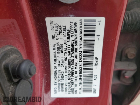 2007 Honda Civic Sdn LX with VIN 1HGFA165X7L120334, listed as a Copart auction lot 47234225 with 74,383 mi miles and Salvage Title. Bid and sale history available at carsss.com. Image 14.